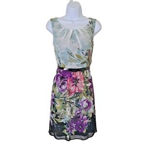 Connected Apparel Dress 6P Floral Sleeveless Belted Office Chic Chiffon Lined